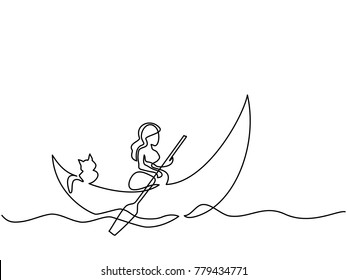 Continuous line drawing. Girl with cat on dinghy moon. Vector illustration