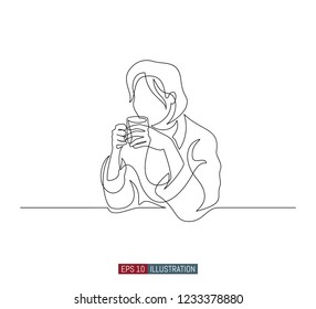 Continuous line drawing of girl with cup of coffee. Template for your design works. Vector illustration.