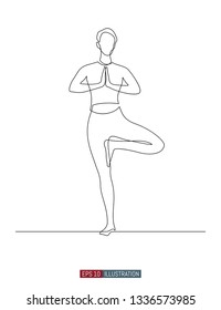 Dibujo continuo de la chica haciendo yoga. Plantilla para las obras de diseño. Ilustración vectorial.