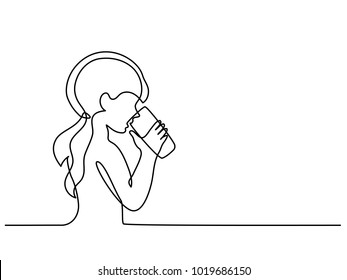 Continuous Line Drawing. Girl Drinking Water From Glass. Vector Illustration