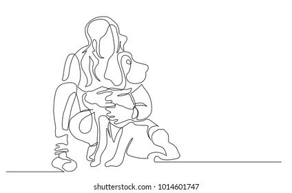 Continuous line drawing. Girl in an embrace with a dog. Vector illustration