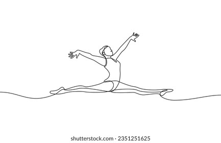 Continuous line drawing. Girl gymnast in twine. ARTISTIC GYMNASTICS. Physical sports exercises. Vector linear illustration, outline, contour