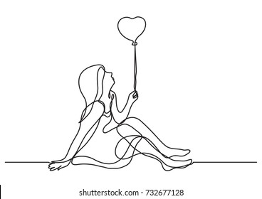 continuous line drawing of girl with heart balloon