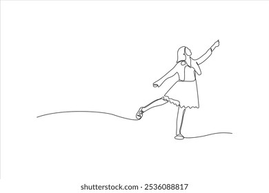 A continuous line drawing of a girl joyfully dancing with one leg raised and arm pointed.