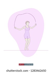 Continuous line drawing of girl jumping with skipping rope. Template for your design works. Vector illustration.