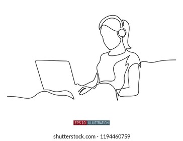 Continuous line drawing of girl with laptop. Template for your design works. Vector illustration.