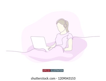Continuous line drawing of girl with laptop. Template for your design works. Vector illustration.