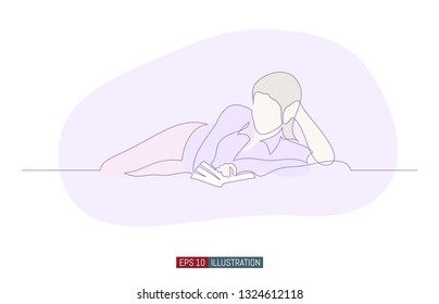 Continuous line drawing of girl lying with a book. Template for your design works. Vector illustration.