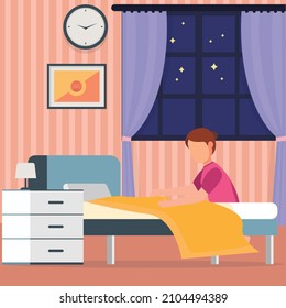 Continuous Line Drawing Of A Girl Make The Bed After Getting Up In The Morning. Vector Colorful Illustration. Before And After Sleep Activity