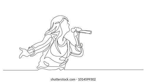 Continuous line drawing. Girl with a microphone in her hands sings a song. Vector illustration