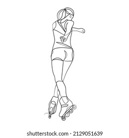 Continuous line drawing of girl on rollers, One line drawing of woman on roller skate