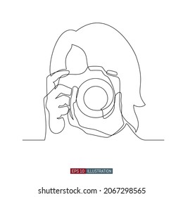 Continuous line drawing of girl with photo camera. Template for your design works. Vector illustration.