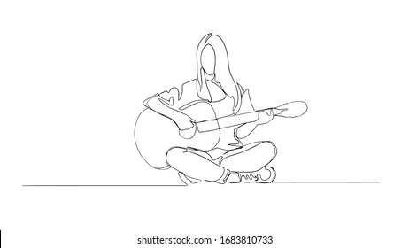 Continuous line drawing girl playing acoustic guitar vector illustration one hand drawn minimalist design music theme. Continuous one line woman with a guitar. Vector stock illustration.