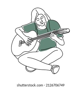 Continuous line drawing girl playing acoustic guitar vector illustration one hand drawn minimalist design music theme. Continuous one line woman with a guitar. Vector stock illustration.