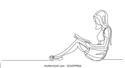 Continuous line drawing. Girl reading a book. Vector illustration