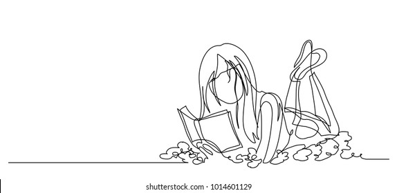 Continuous line drawing. Girl reading a book. Vector illustration