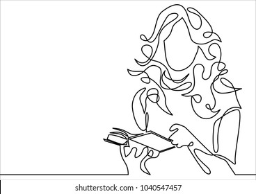 Continuous line drawing. Girl reading a book. Vector illustration
