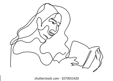 Continuous line drawing of a girl reading a book vector illustration.