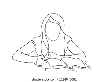 continuous line drawing of girl reading book