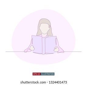 Continuous line drawing of girl reading a book. Template for your design works. Vector illustration.