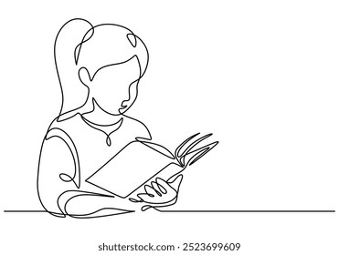 Continuous line drawing of a girl reading a book. Capturing the joy of childhood literacy. Vector illustration.