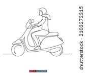 Continuous line drawing of The girl rides a motor scooter. Template for your design works. Vector illustration.