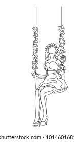 Continuous line drawing. Girl is riding on a swing. Vector illustration