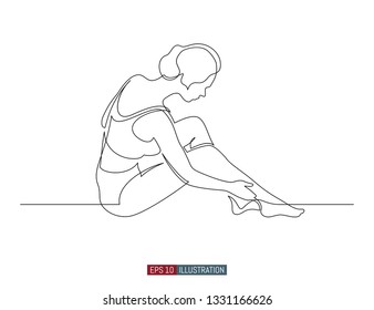 Continuous line drawing of girl sitting on the floor. Template for your design works. Vector illustration.