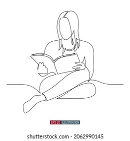 Continuous line drawing Girl sitting in bed and magazine book  Template for your design works  Vector illustration 
