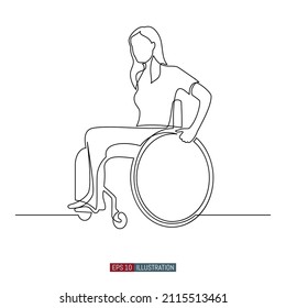 Continuous line drawing The girl is sitting in wheelchair  Template for your design  Vector illustration 