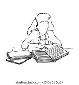 Continuous line drawing. girl sitting at a table with books. depicted in a simple line drawing vector illustration