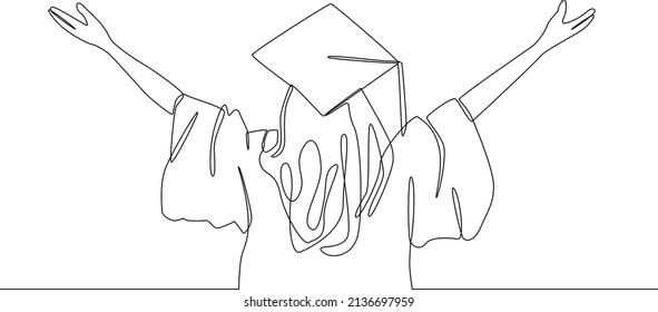 El contínuo dibujo de una estudiante pone dos manos arriba porque se ha graduado. Ilustración vectorial.