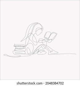 Continuous line drawing of Girl studying with a reading book. Back to school education theme concept. Vector illustration on white background.