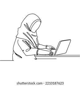Continuous line drawing of girl studying in front of a laptop do coursework on white background. Hand drawn single line vector illustration