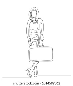 Continuous line drawing. Girl with a suitcase in her hands. Vector illustration