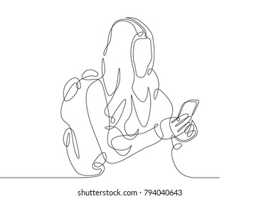 continuous line drawing girl tourist with a backpack browsing on the smartphone's map