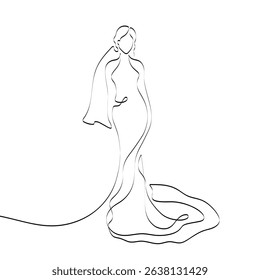 Continuous line drawing of a girl in a wedding dress and veil. Silhouette of the bride. Minimalist black linear sketch isolated on white background. Hand drawn vector illustration.