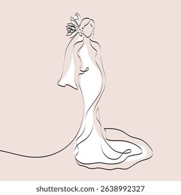 Continuous line drawing of a girl in a wedding dress and vail. Silhouette of the bride. Minimalist black linear sketch isolated on white background. Hand drawn vector illustration.