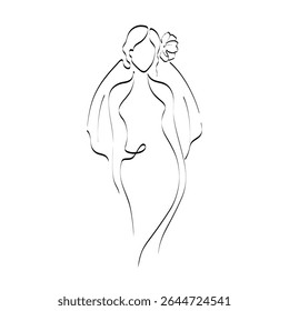 Continuous line drawing of a girl in a wedding dress and vail. Silhouette of the bride. Minimalist black linear sketch isolated on white background. Hand drawn vector illustration.