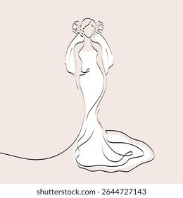 Continuous line drawing of a girl in a wedding dress and vail. Silhouette of the bride. Minimalist black linear sketch isolated on white background. Hand drawn vector illustration.