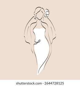Continuous line drawing of a girl in a wedding dress and vail. Silhouette of the bride. Minimalist black linear sketch isolated on white background. Hand drawn vector illustration.