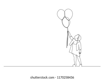 Continuous line drawing of a girls holding balloons on white background. - Vector