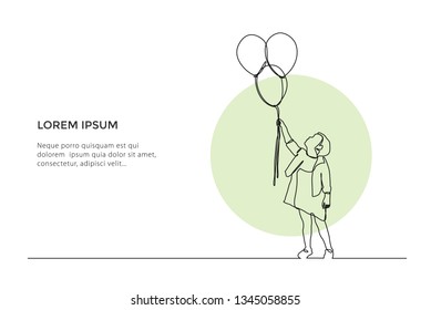 Continuous line drawing of a girls holding balloons on white background. - Vector