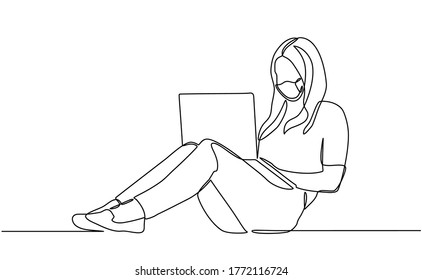 continuous line drawing of girls with laptops use protective masks on their faces against infectious viruses. Women work with laptops and wear masks to protect against the SARS-Covid-19 disease virus