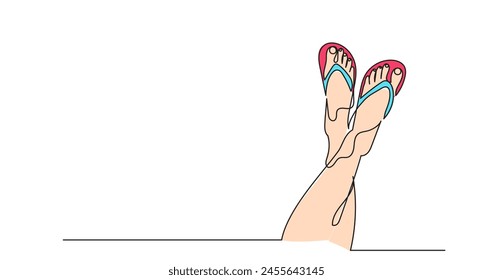 Continuous line drawing of girl's leg in flip flop.single-line girl footwear slipper.Summer vacation concept vector illustration isolate of white background.
