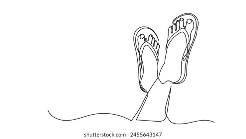 Continuous line drawing of girl's leg in flip flop.single-line girl footwear slipper.Summer vacation concept vector illustration isolate of white background.
