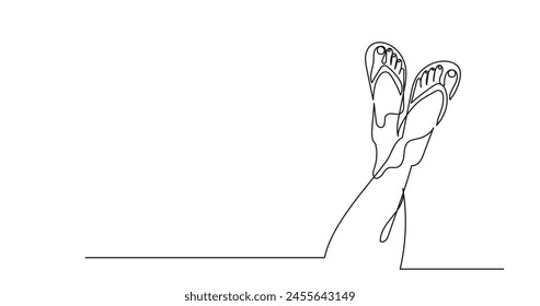 Continuous line drawing of girl's leg in flip flop.single-line girl footwear slipper.Summer vacation concept vector illustration isolate of white background.
