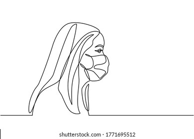 el dibujo continuo en línea de las niñas utiliza máscaras protectoras en sus caras contra virus infecciosos. Las mujeres llevan máscaras para protegerse del virus de la enfermedad SARS-Covid-19