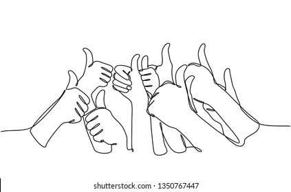 continuous line drawing gives an expression of success. praise for success. Many people congratulate a winner and holding their thumbs up isolated on white background