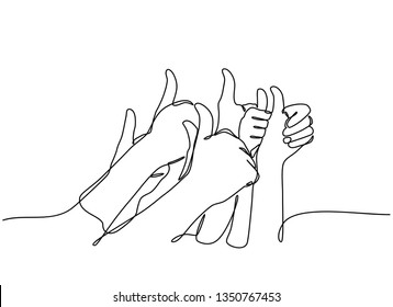 continuous line drawing gives an expression of success. praise for success. Many people congratulate a winner and holding their thumbs up isolated on white background